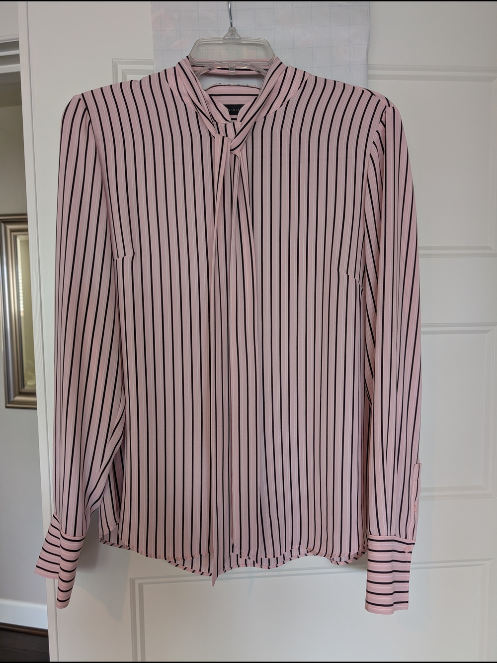 White House Black Market Pink and Black Vertical Stripe Tie-Neck Blouse